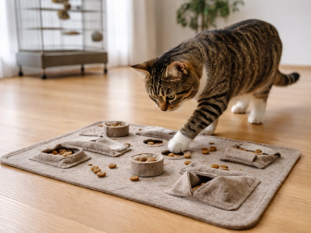 A cat foraging on a floor puzzle away from a bird cage in the same room.
