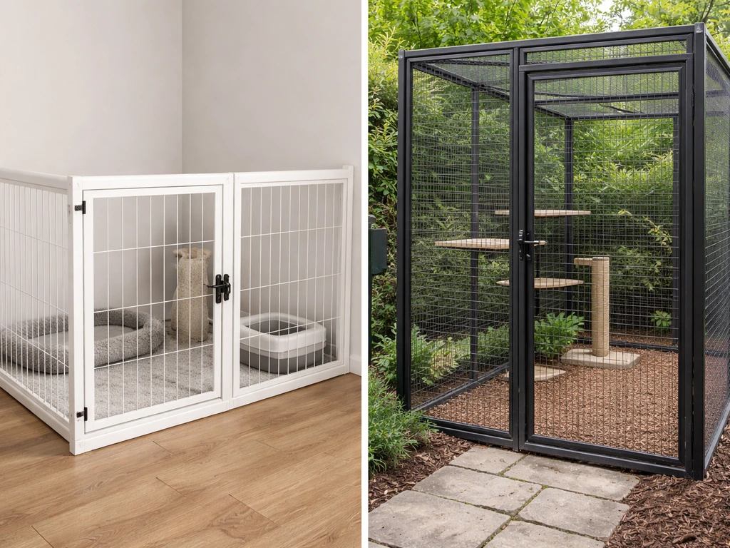 Split view showing an indoor pet enclosure and an outdoor aviary with secure barriers for cat access control.