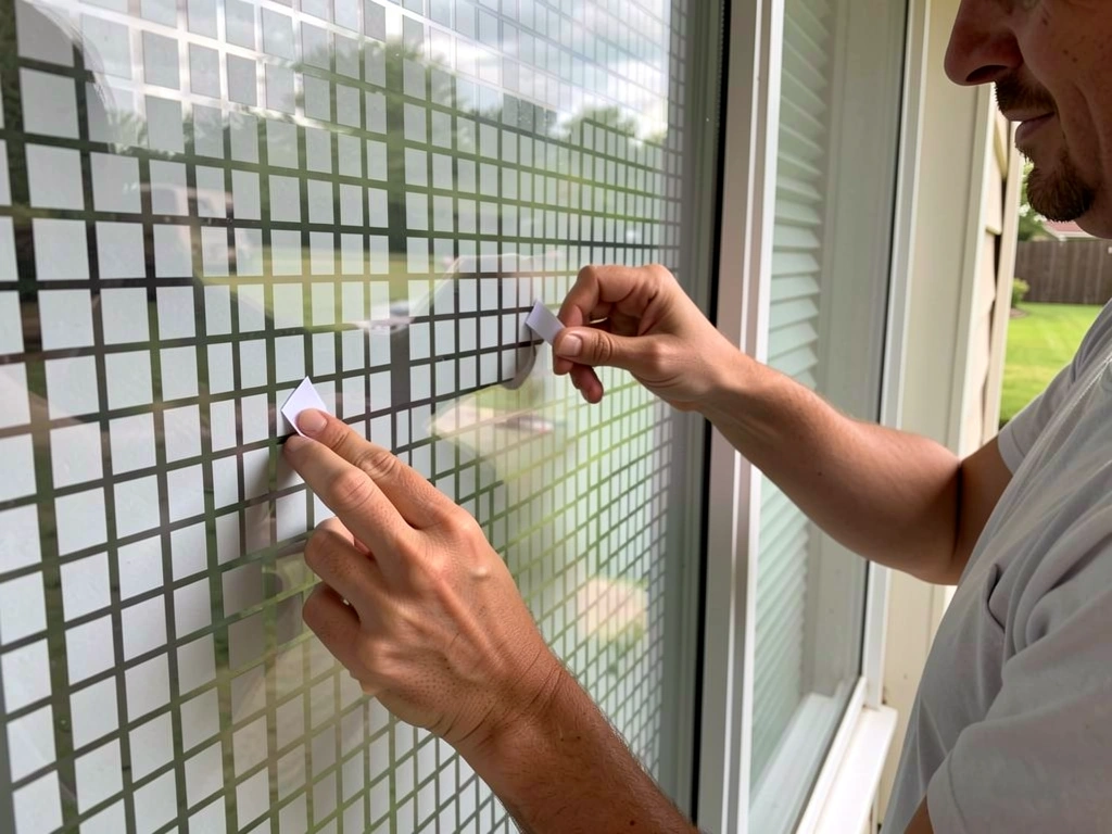 Close-up of applying dense window decals/tape strips to deter birds from window collisions.