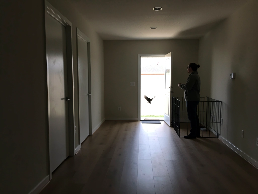 Bird in a dark room flying toward an open exterior door while interior lights are off.