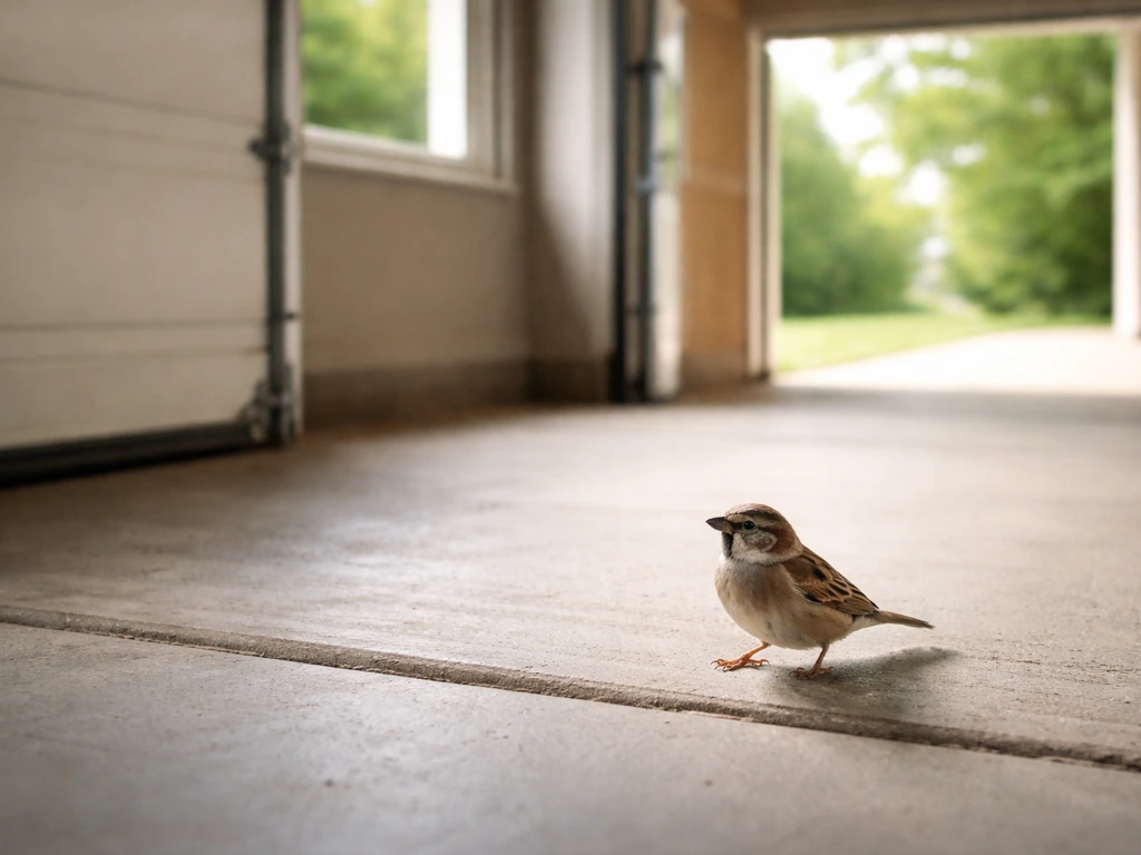Small bird calmly exiting an open garage doorway with doors and window left ajar.