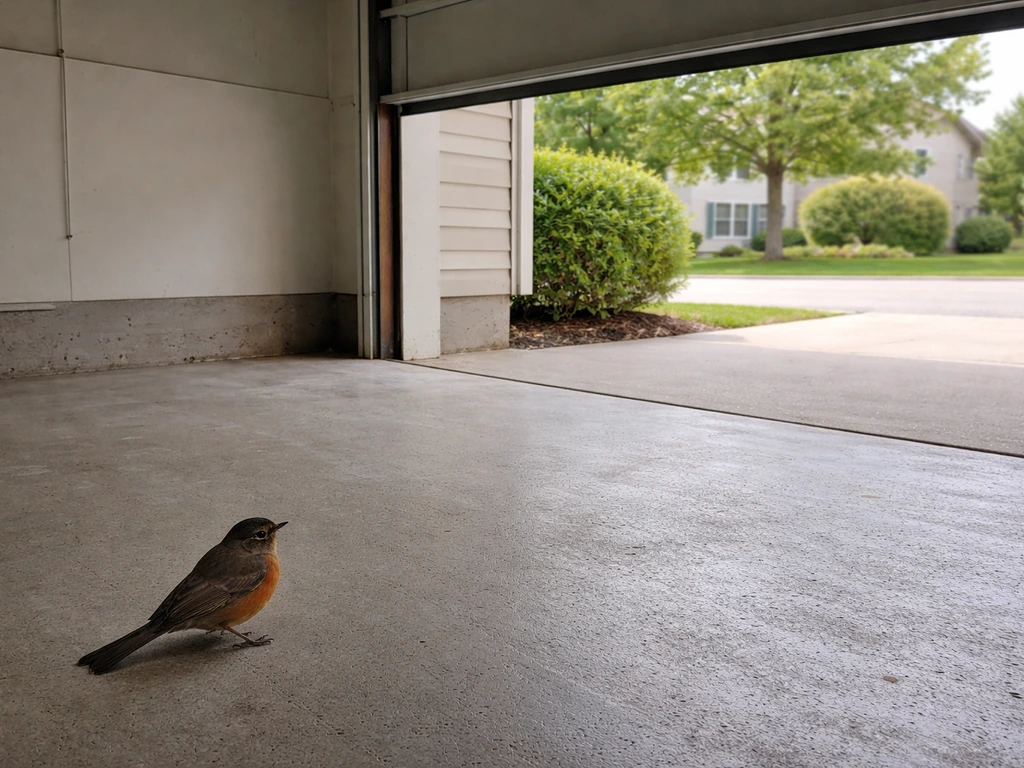 A small bird calm near an open garage door with daylight showing the clear exit path