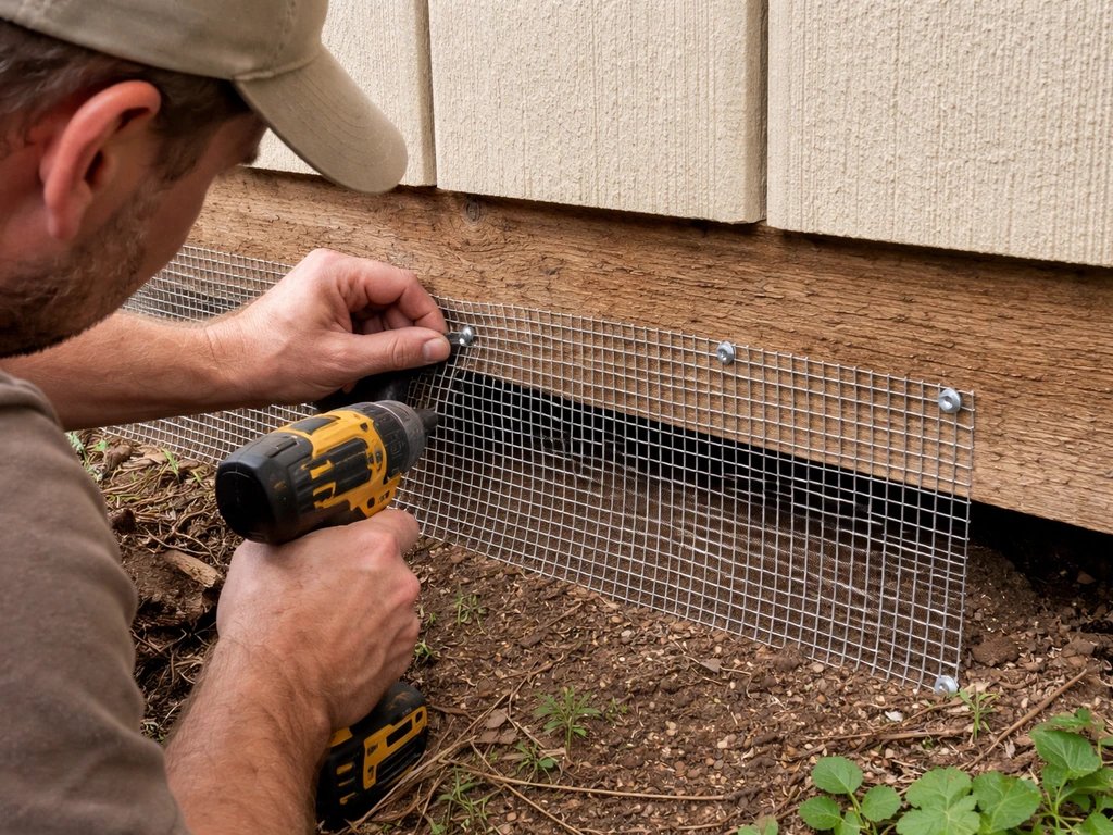 Close view of 19-gauge hardware cloth with half-inch openings sealing a small gap on a wooden wall.