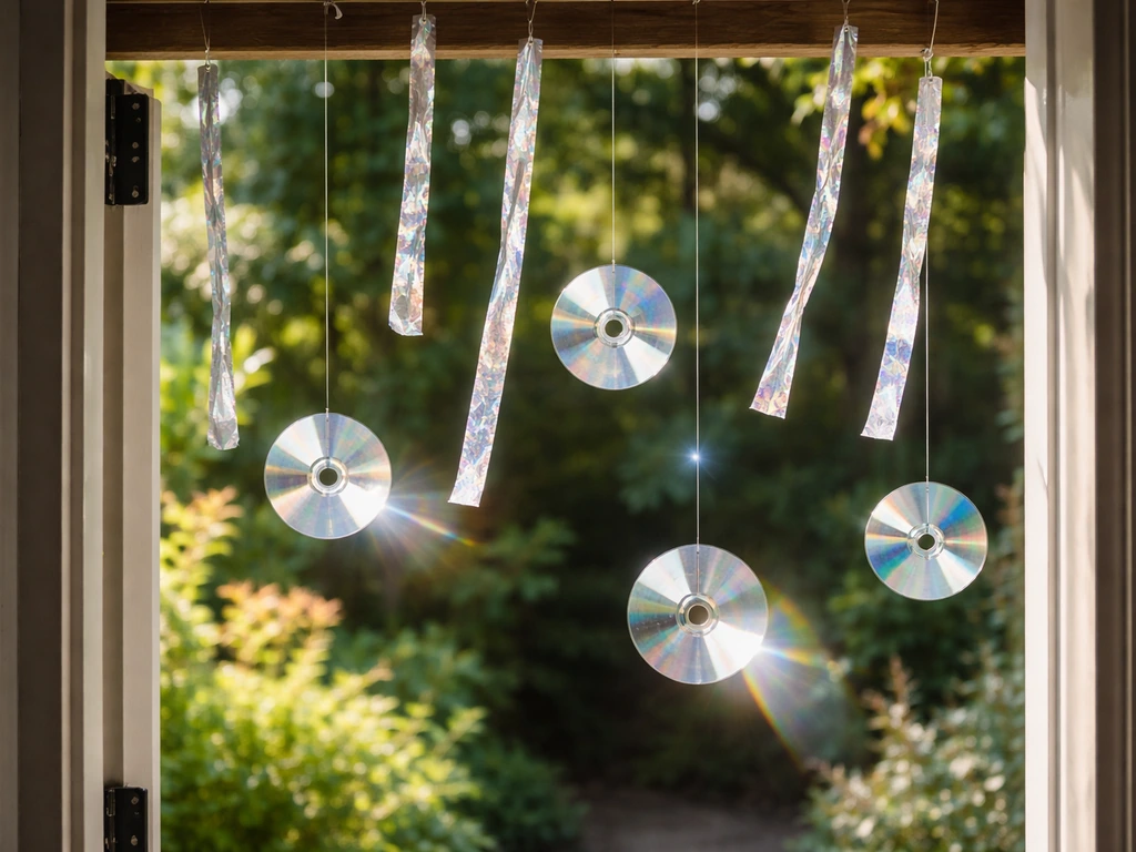 Reflective tape and old CDs hanging on strings near a doorway, catching light as they sway.