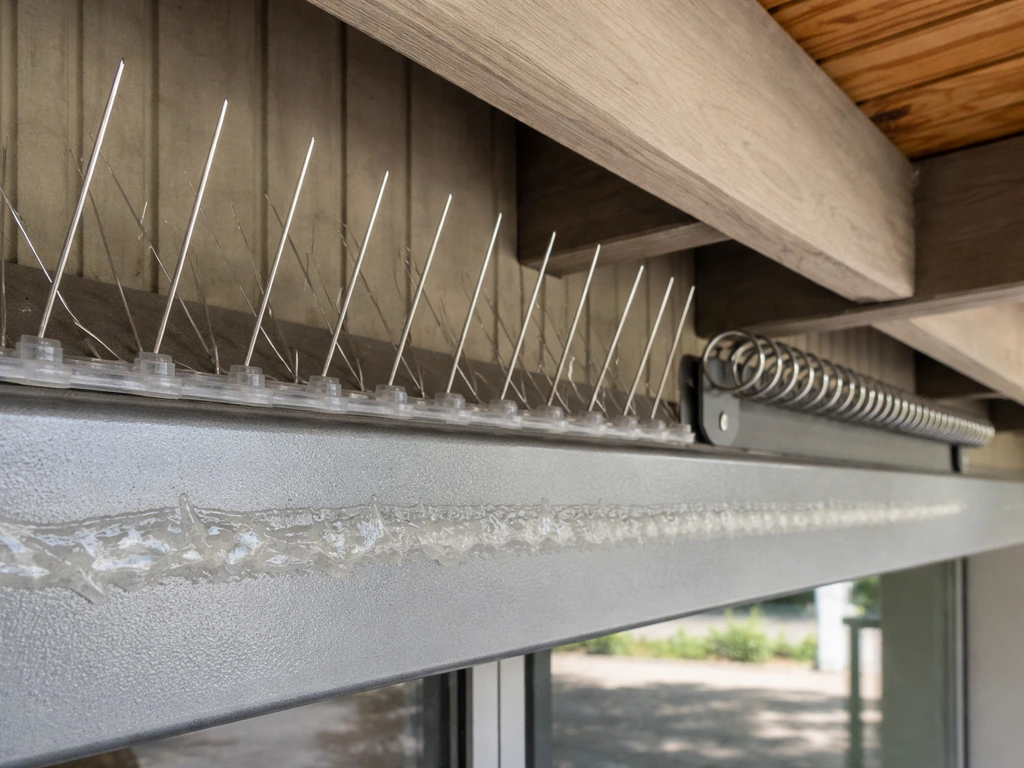 Stainless steel spike strips and clear sticky bird gel on rafters to deter landing and roosting