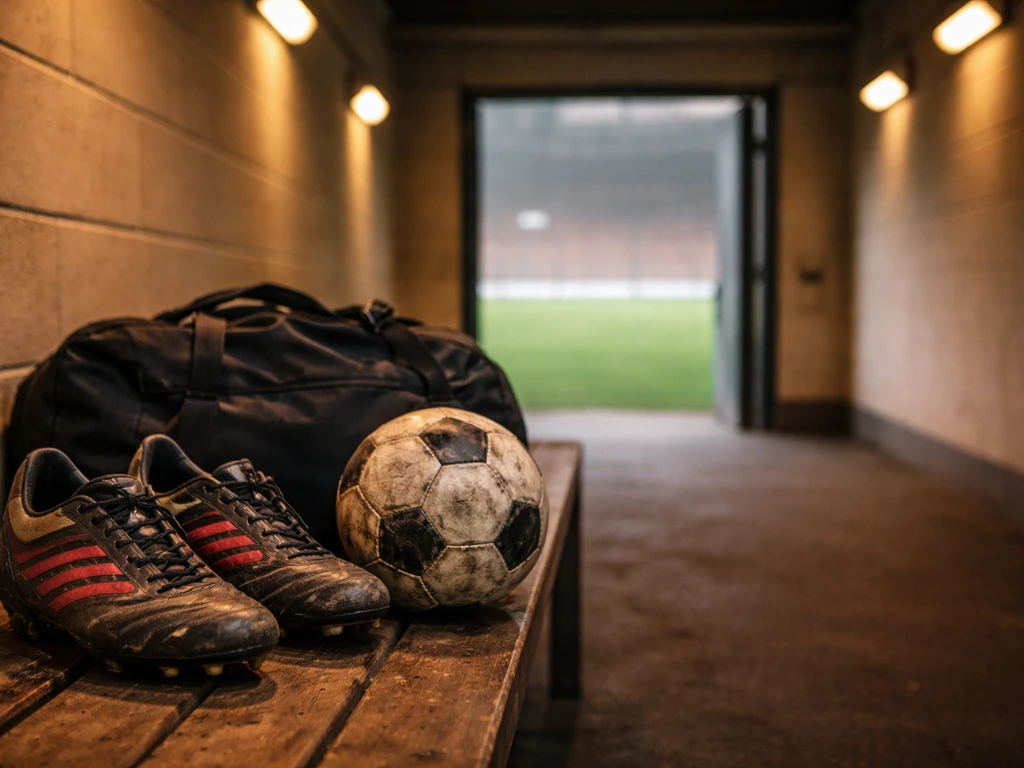 Football boots and ball in a stadium tunnel with the pitch softly visible in the background.