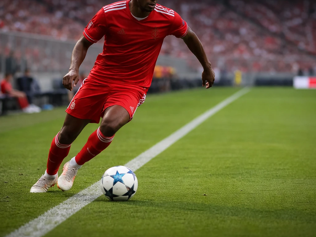 Anonymous winger in a red Bayern kit sprinting with the ball in a softly blurred stadium.