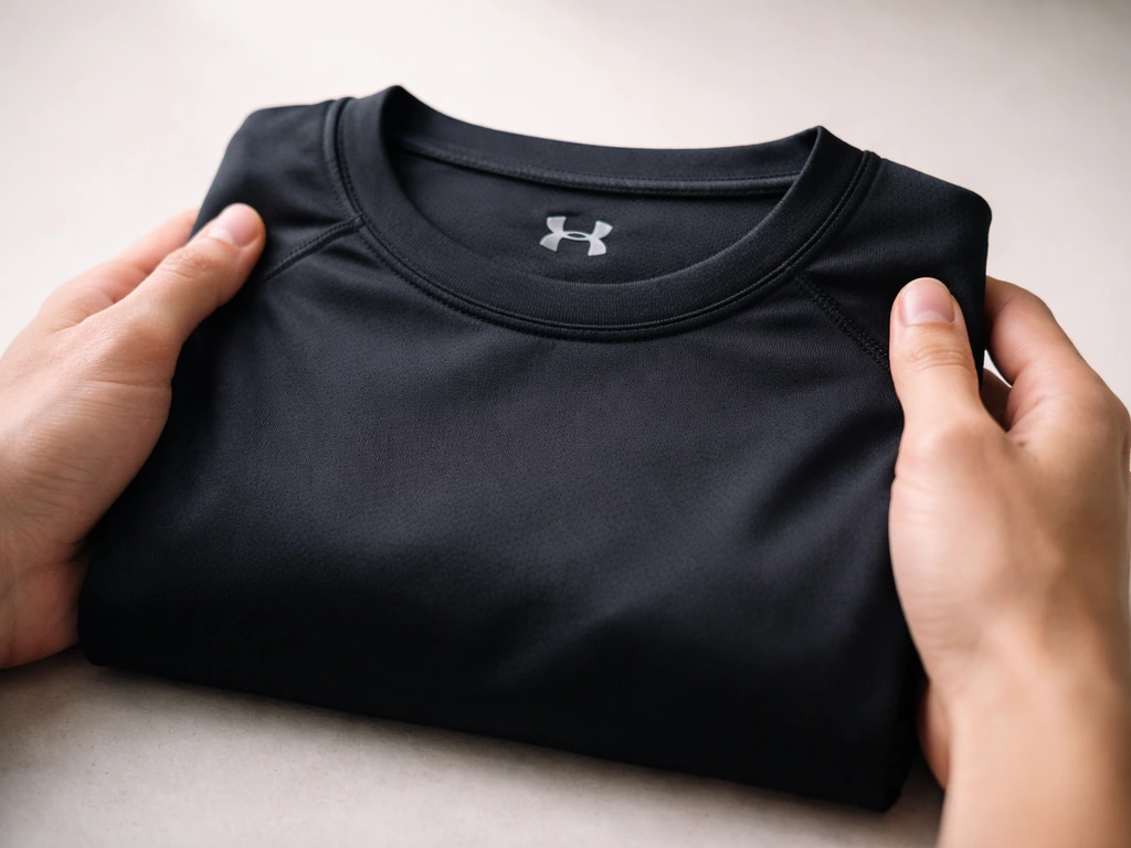 Close-up of a hand holding a black Under Armour sports shirt in natural light.