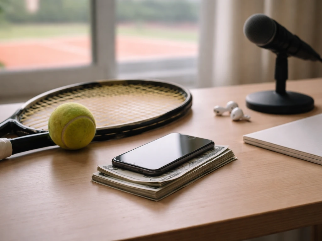 Tennis racket on a desk with cash and a phone, symbolizing typical net worth inputs for pros.