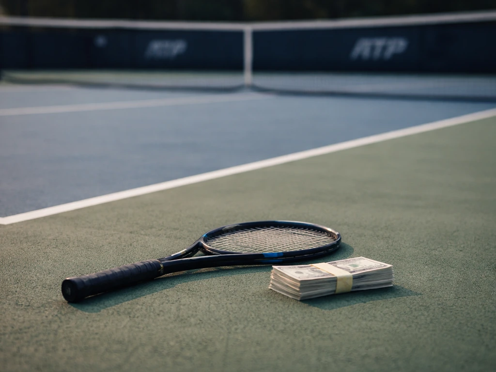 Tennis court view with blurred ATP signage and a banknote near a racket, symbolizing career prize money.