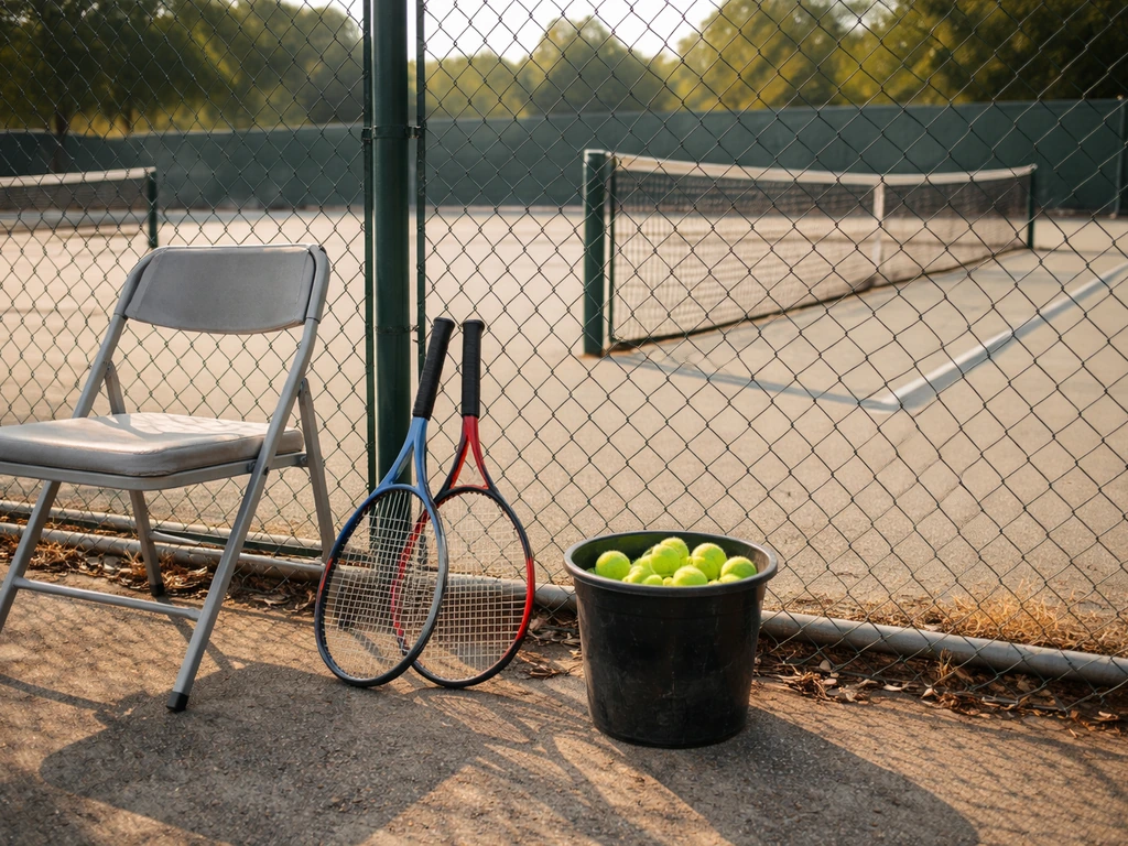 Empty tennis academy practice area with rackets and balls, suggesting coaching income after retirement.