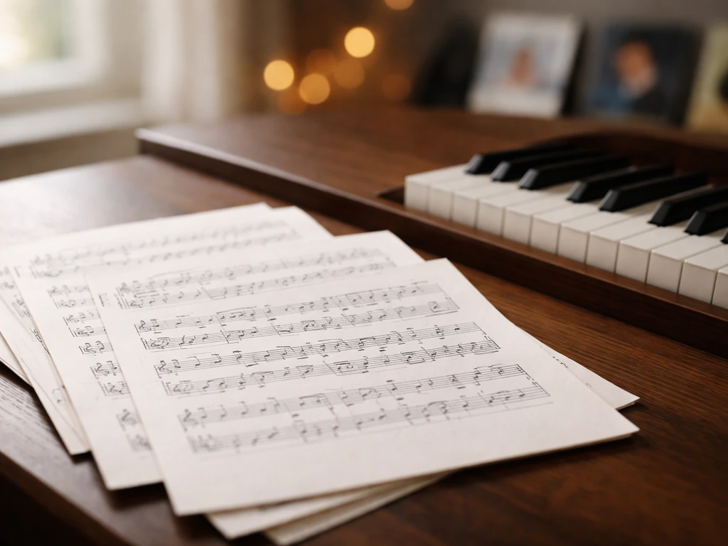 Close-up of sheet music and a piano keyboard on a desk with warm natural light.