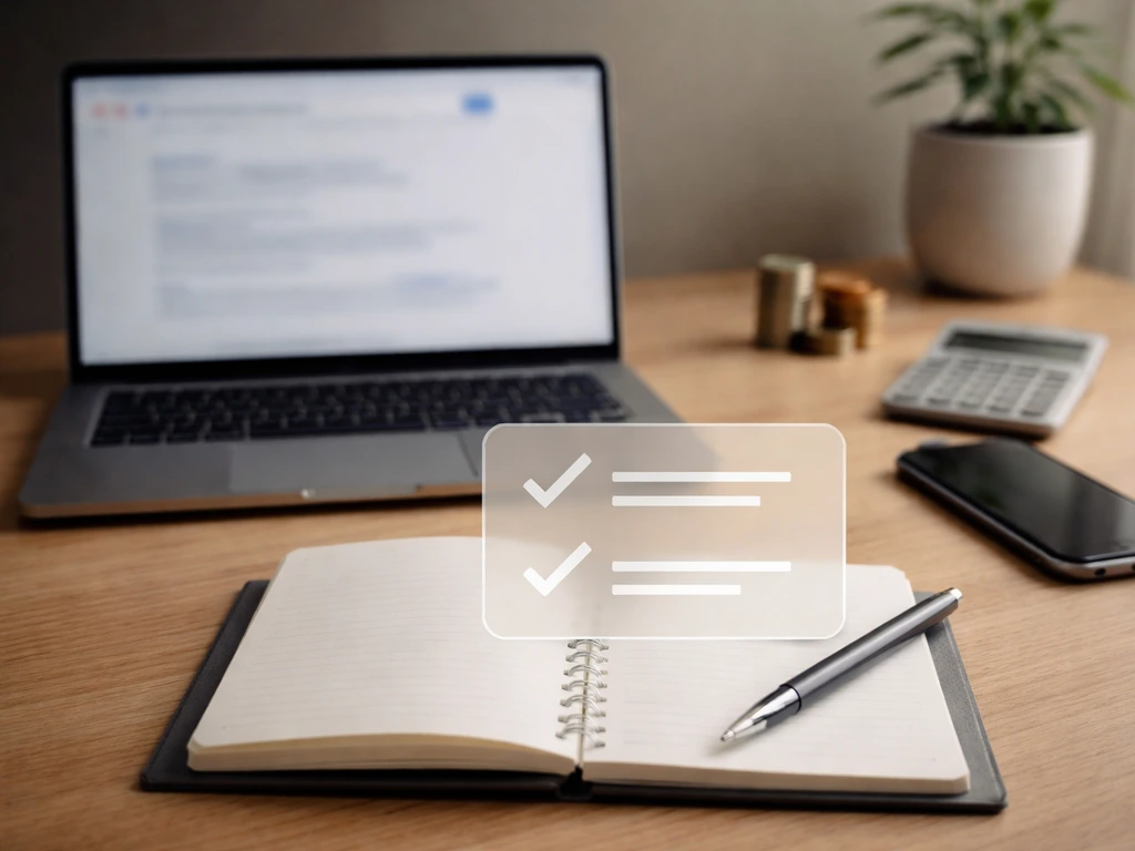Laptop and smartphone on a desk with a subtle checklist overlay, illustrating verification and keeping an estimate updat