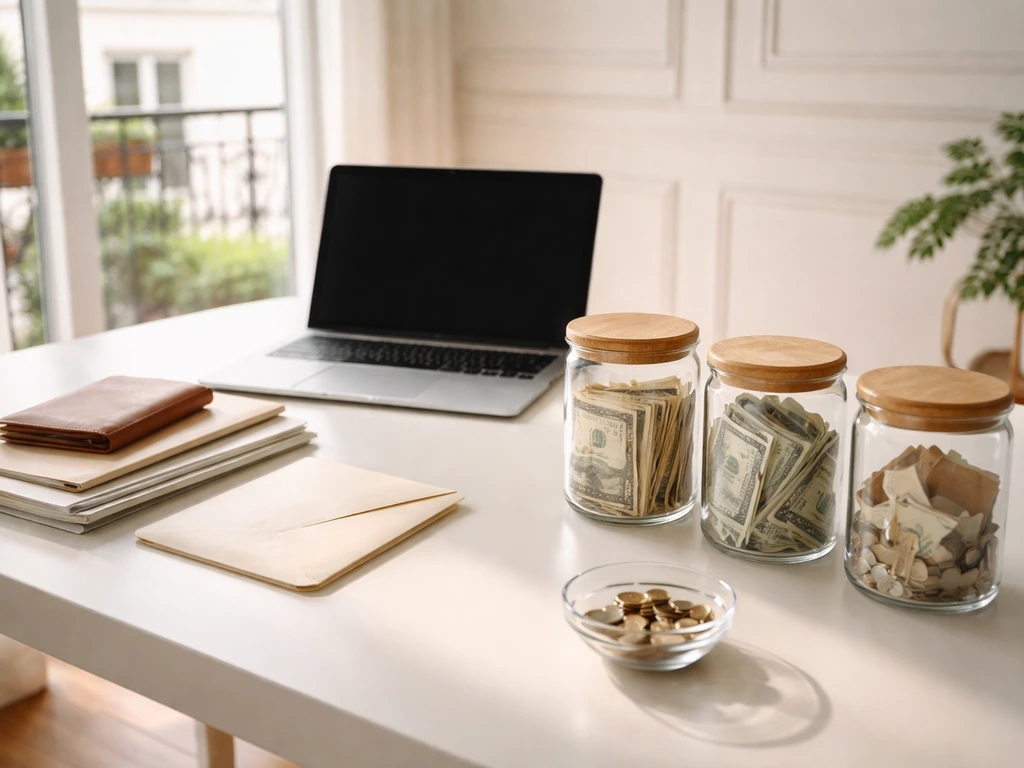 Minimal desk scene with glass containers of money and separated coins symbolizing assets and debts