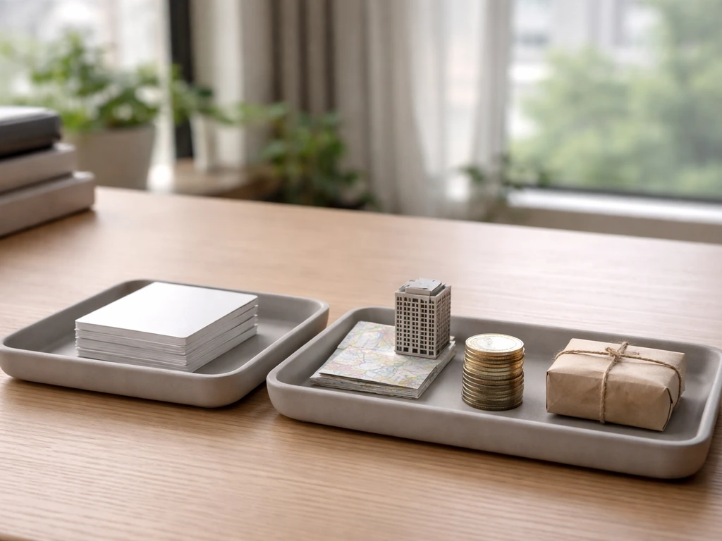 Minimal upscale desk scene with unlabeled items symbolizing content income, real estate, investments, and other.