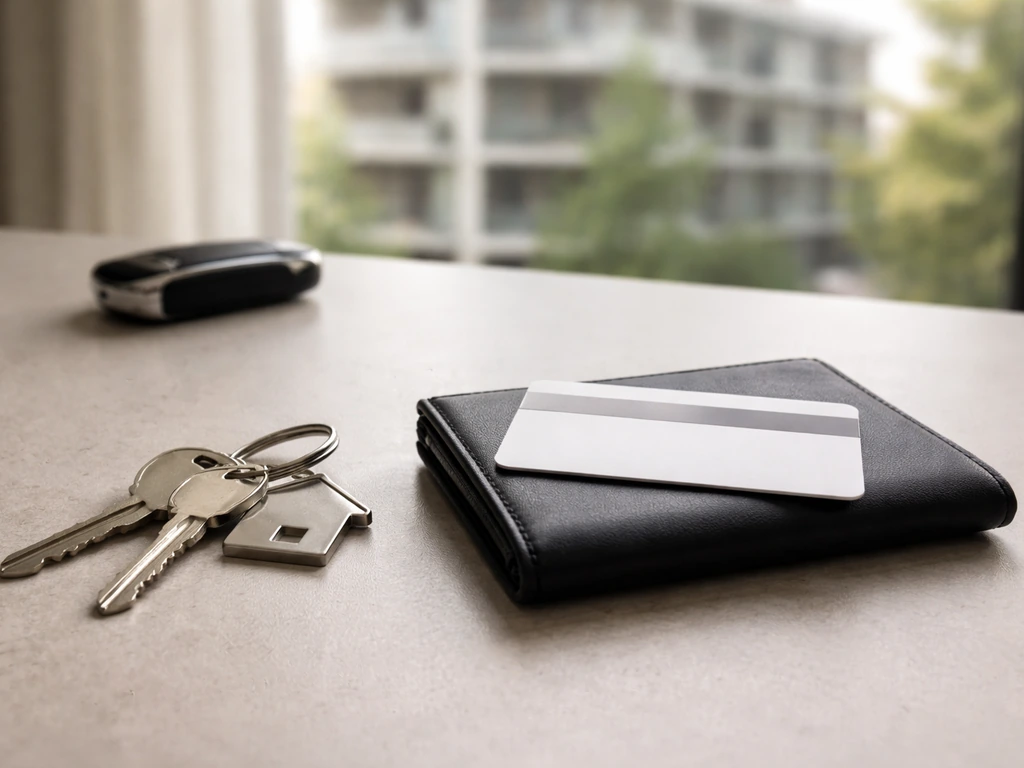 Keys on a minimalist desk beside a generic card, with a blurred building window in the background.