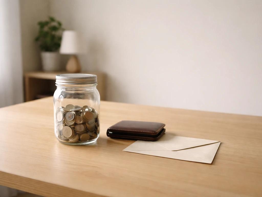 Minimal desk scene with coins and wallet next to an envelope, symbolizing assets minus liabilities.