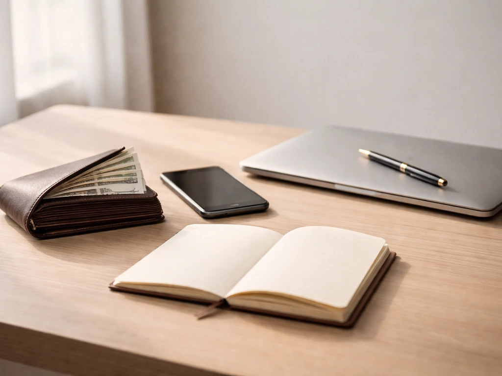 Minimal office desk with blank notebook, pen, smartphone, and money for a net worth estimate range.