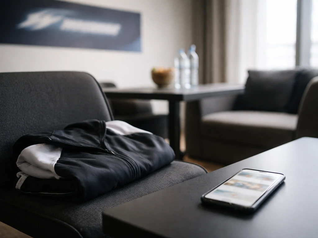 Empty sports lounge desk with athletic jacket, smartphone, and out-of-focus sponsor banner backdrop