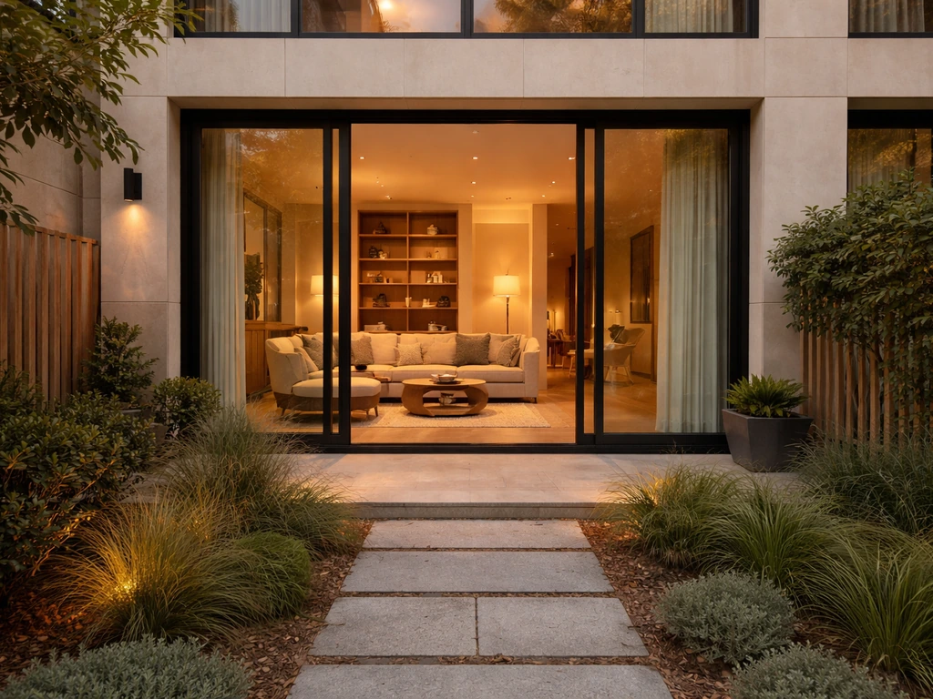 Luxury modern home interior with warm light and large windows, symbolizing upscale real estate ownership