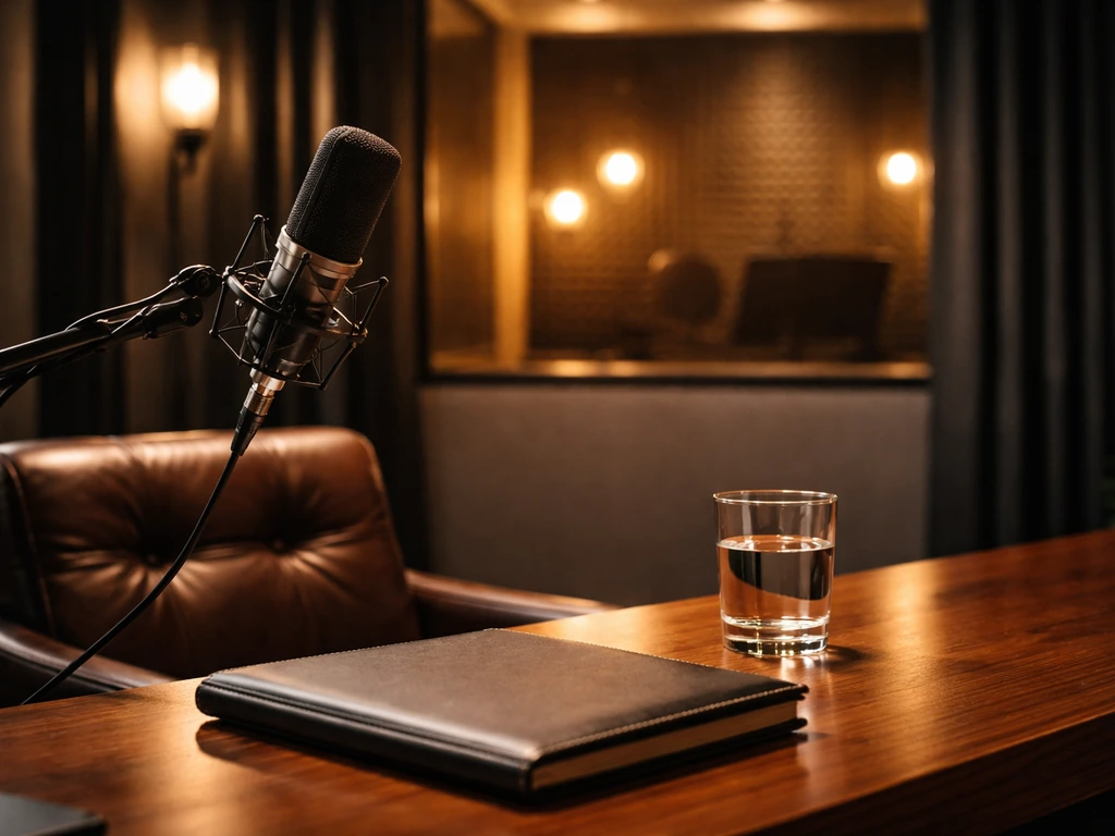 Brazilian actor-themed media studio scene with a microphone and luxury desk symbolizing fame and wealth interest
