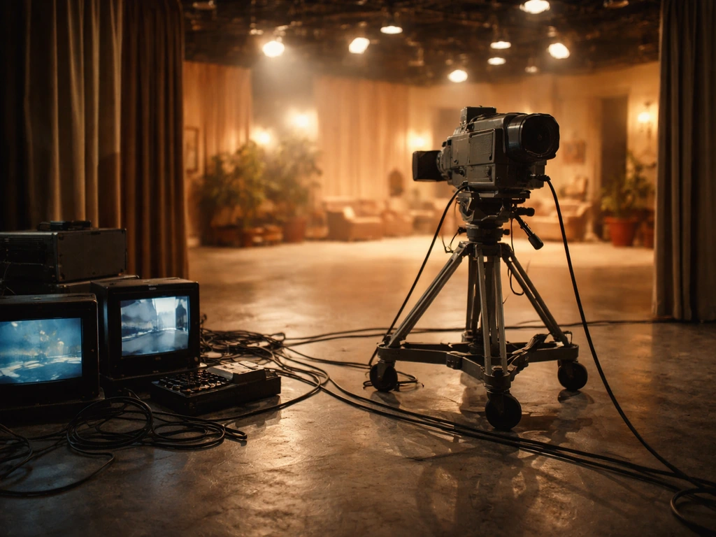 Empty Brazilian TV studio set with a camera and warm lights, evoking early telenovela production.