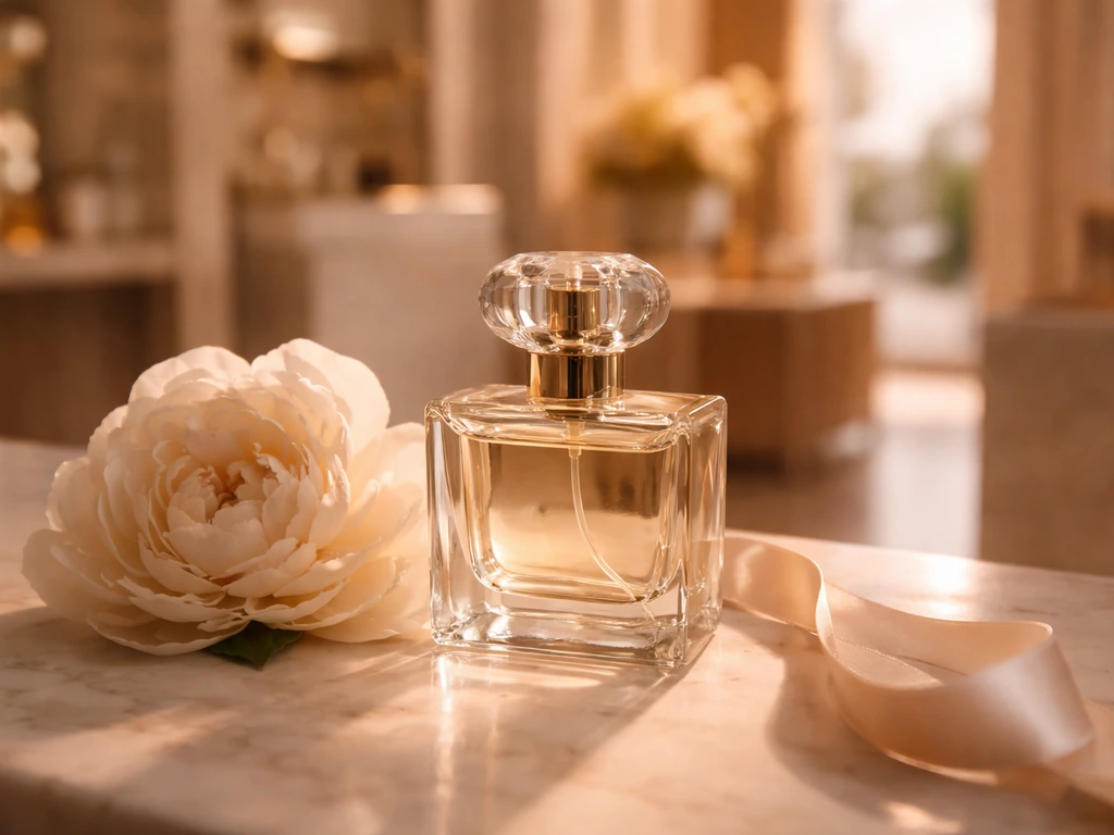 Elegant perfume bottle on a marble vanity with white flowers, soft golden sunlight, luxury beauty vibe.