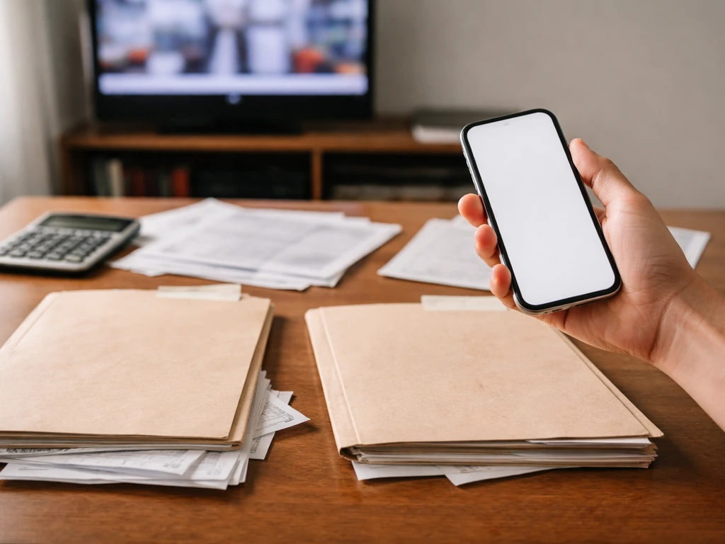 Hand checks documents at a desk with calculator and phone, suggesting verifying net worth claims.