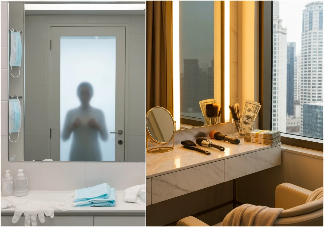 Split luxury and clinic-themed scene with anonymous silhouettes, sterile cues, and money for wealth curiosity.