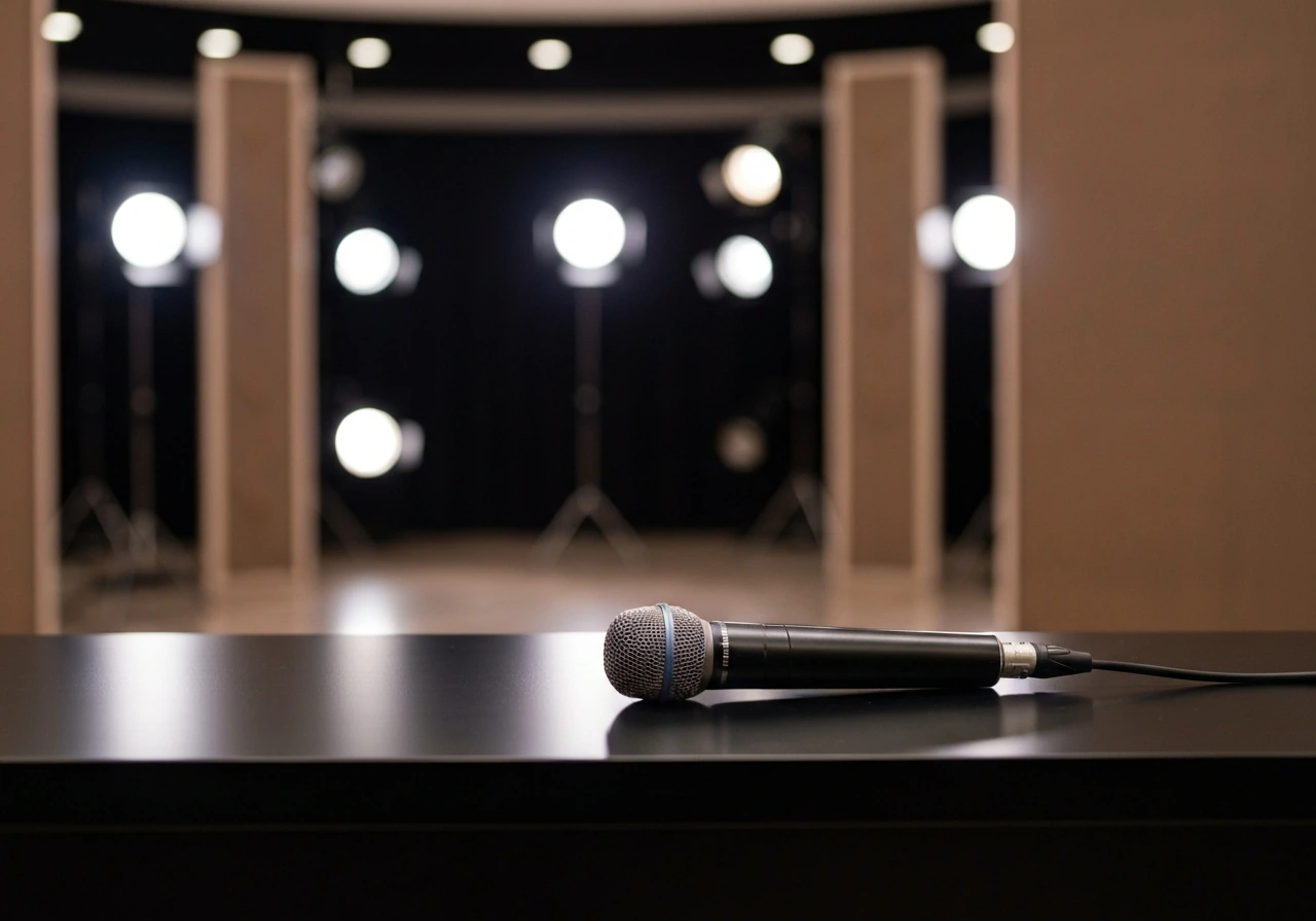 A TV studio desk with a handheld microphone, softly lit background suggesting TV appearances.