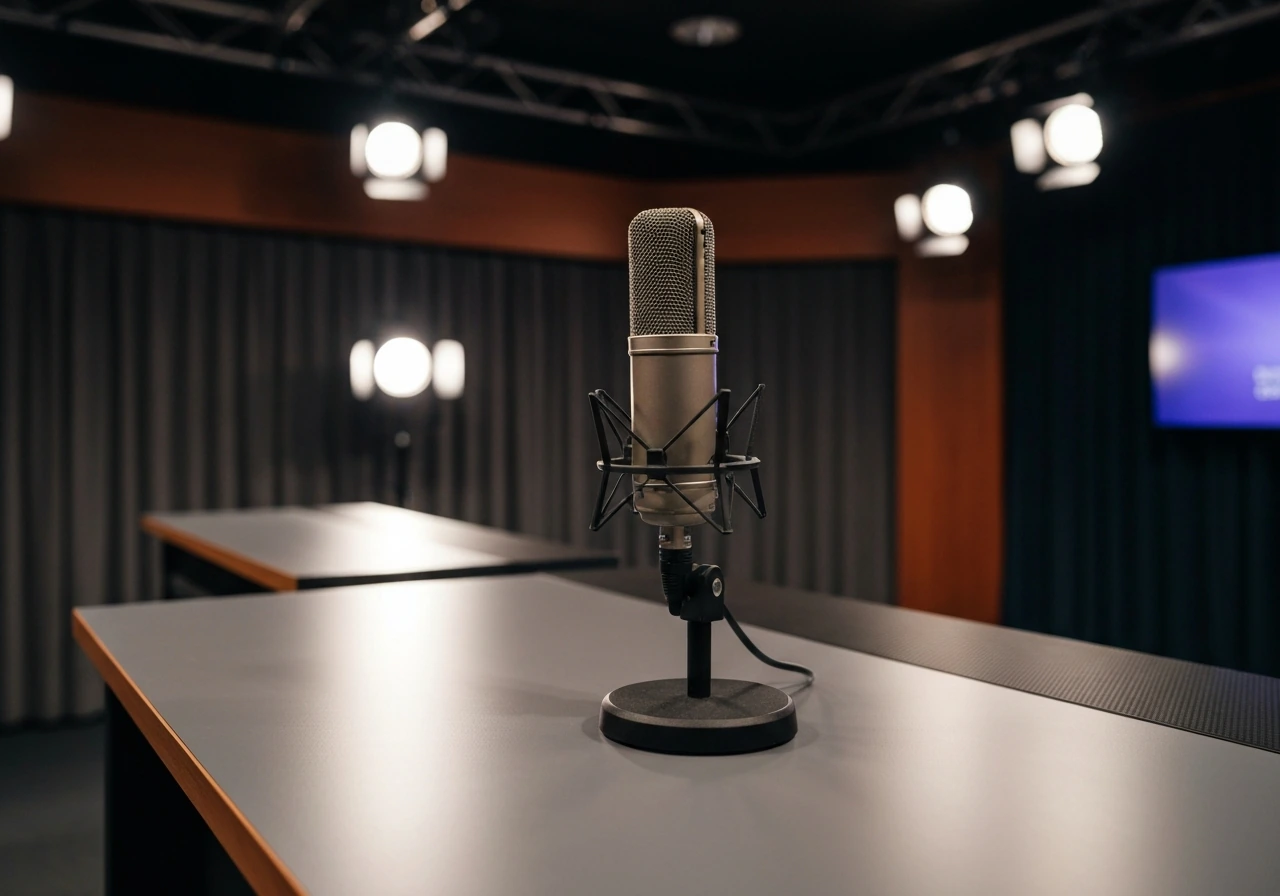 Minimal photo of an empty TV studio set with studio lights and a microphone, suggesting European TV media work.