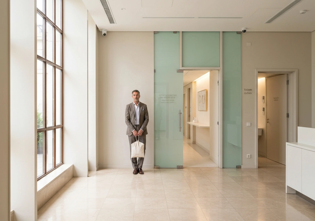 Anonymous adult in a luxury clinic reception holding a garment bag, suggesting cosmetic-surgery spending signals.