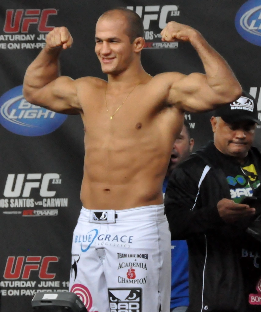 Junior dos Santos flexing at a UFC weigh-in stage