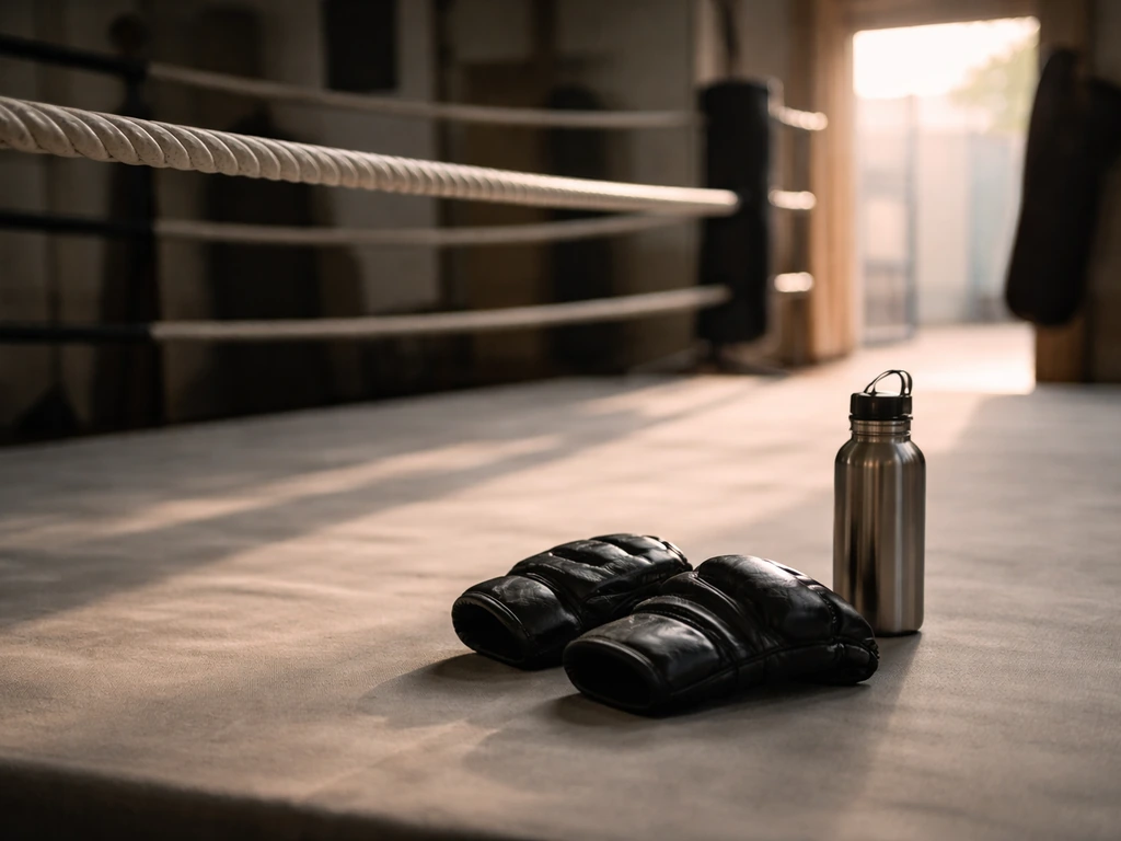 Worn MMA gloves on a gym mat with ring ropes, capturing an MMA-era vibe without any person.