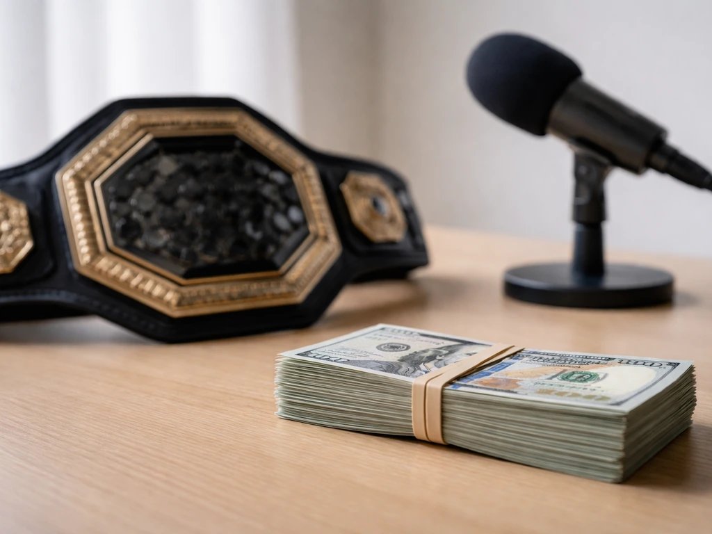Close-up desk scene with tied cash and a small microphone, symbolizing itemized fight earnings.