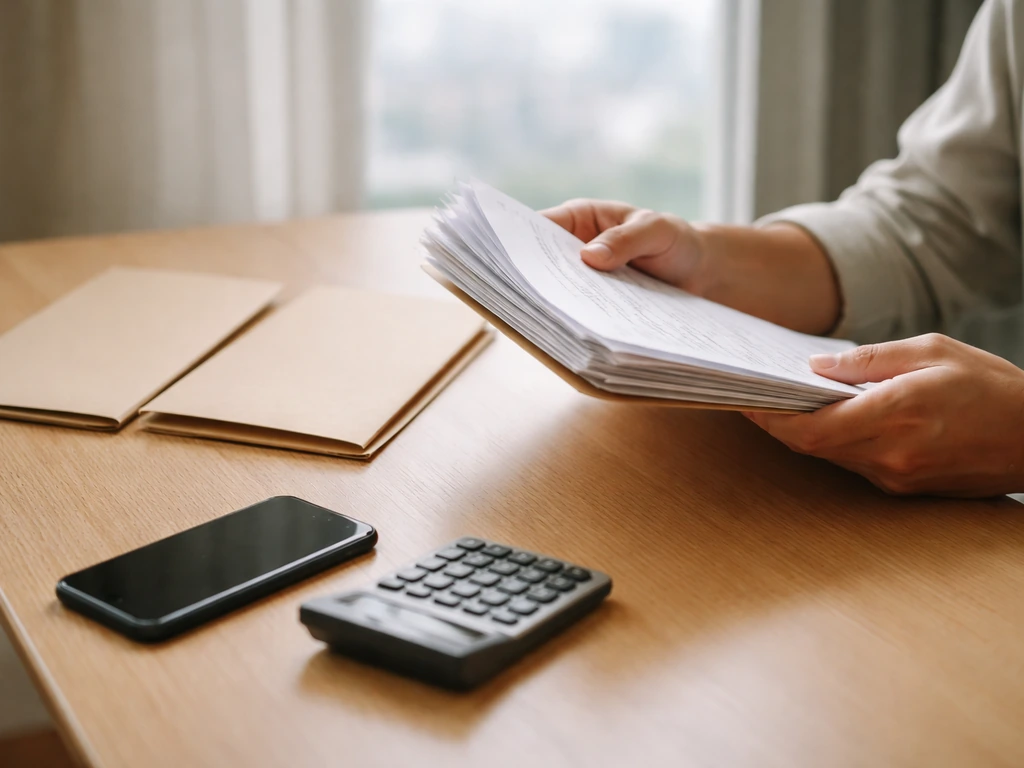 Minimal desk scene showing verification of net worth sources with documents and a calculator