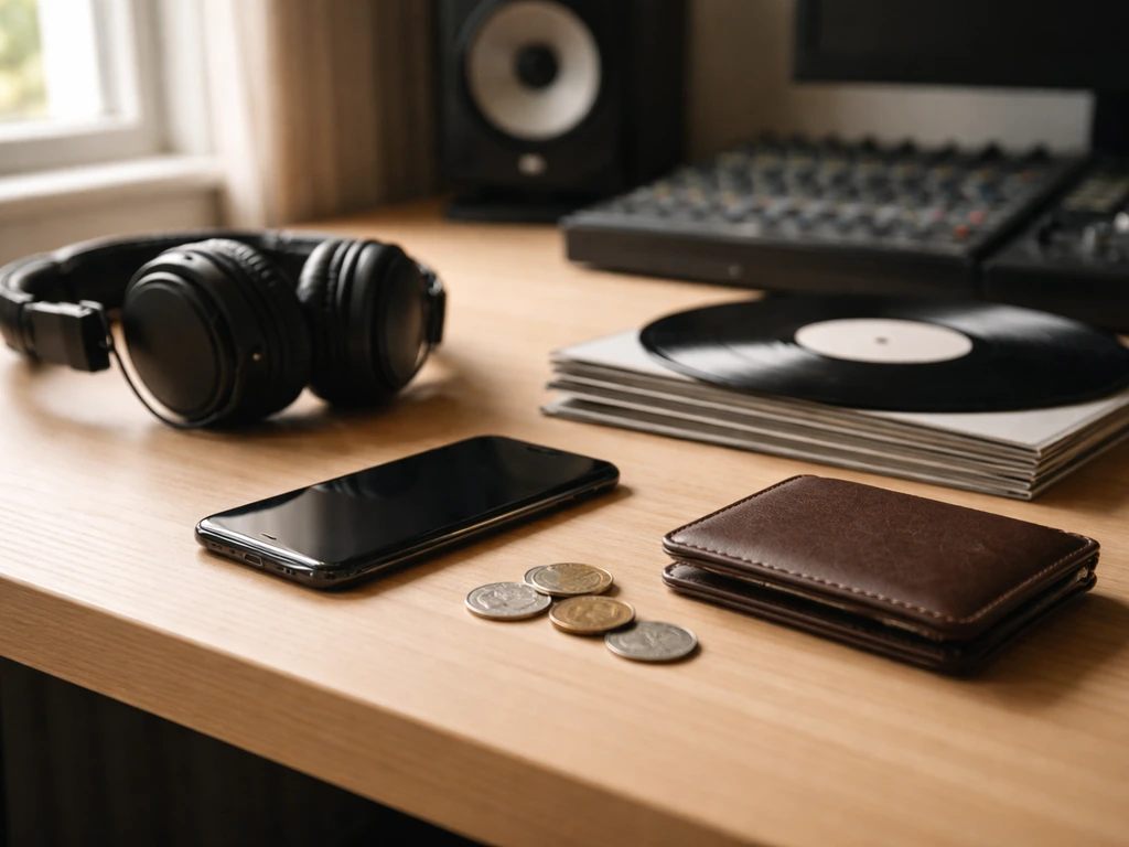 Minimal studio scene with subtle money and media cues suggesting sources behind artist net worth estimates.