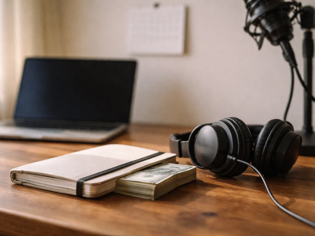 Minimal desk scene with laptop, calendar, cash, and studio gear suggesting evolving earnings over time.