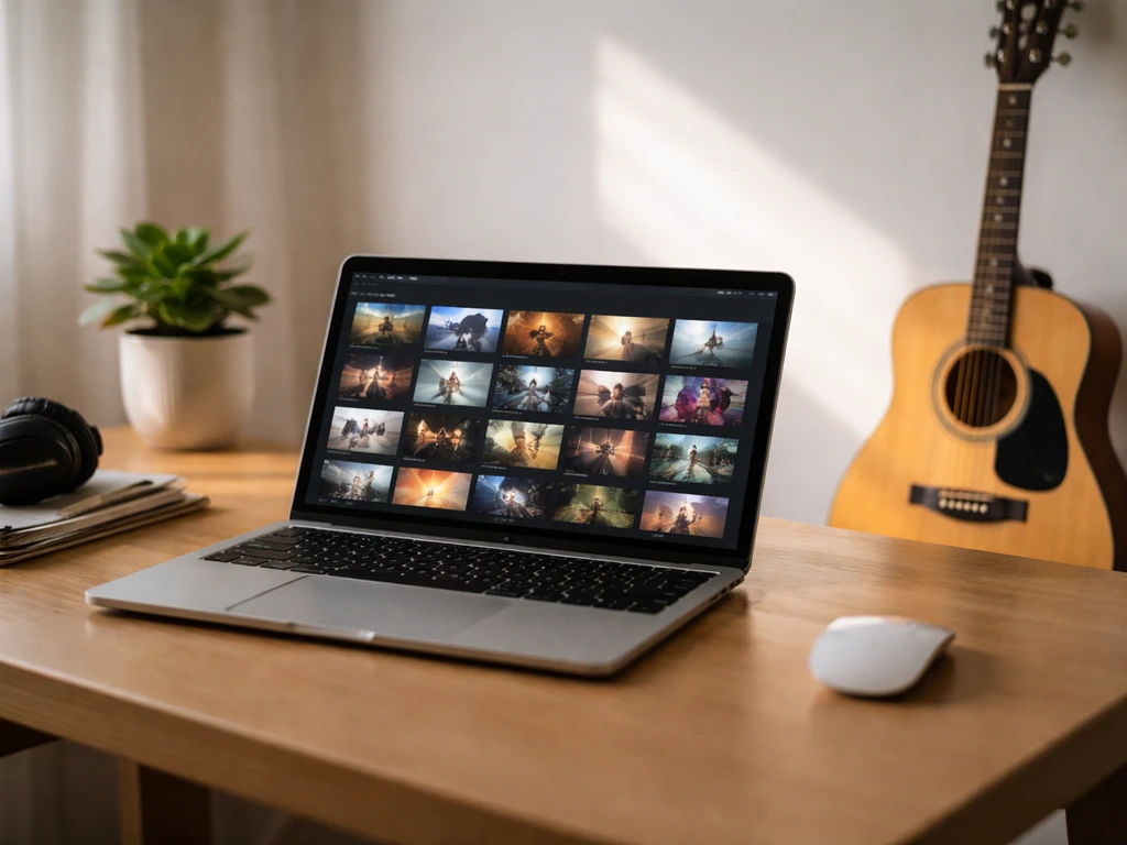 Close-up of a laptop showing a music-video thumbnail grid, with a guitar nearby in natural light.
