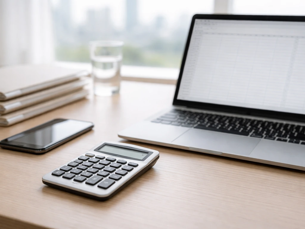 Minimal desk scene with calculator and laptop suggesting money-estimate calculations from public signals.