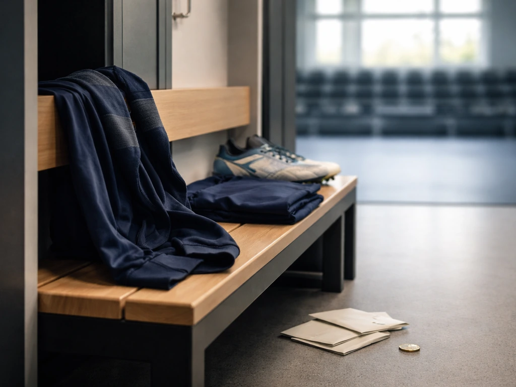 Bench with football training gear and sealed cash envelopes in an empty club training facility.