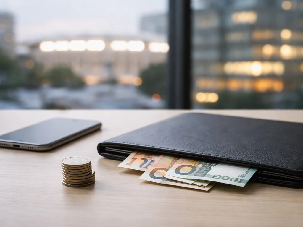 Minimal desk scene with euro notes and coins, suggesting transfer fees and market value impact.