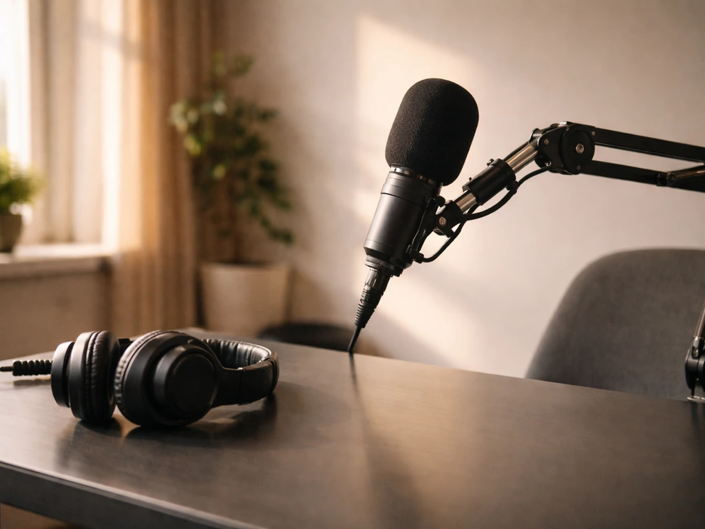 Close-up of a microphone and headphones on a studio desk, symbolizing a TV or podcast identity