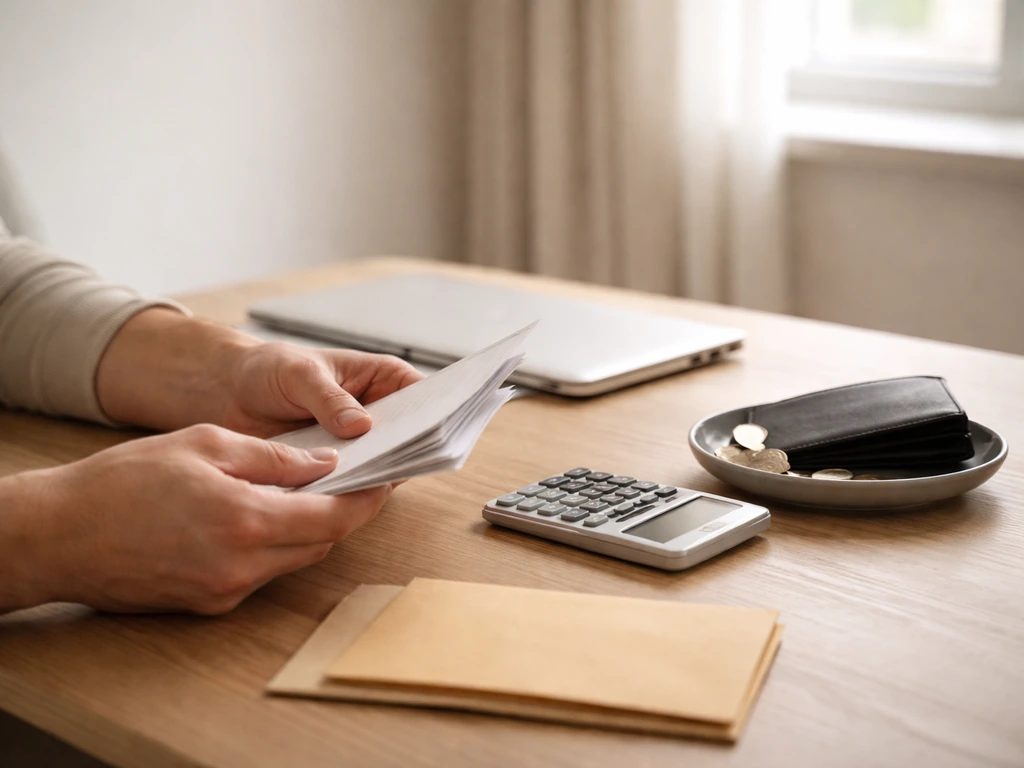 Person in a quiet office reviewing financial documents with a calculator and a laptop showing no text