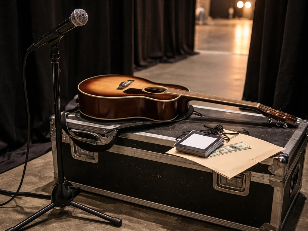 Guitar, wireless mic, and touring props in a backstage doorway suggesting live show and touring income.