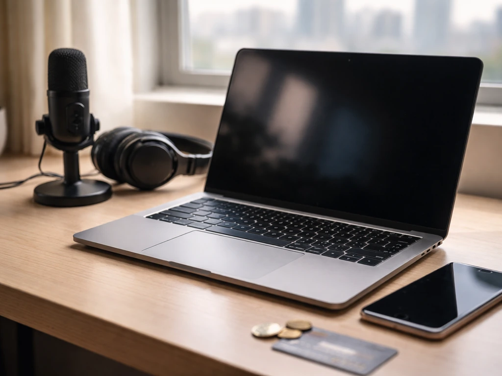 Minimal photo of a laptop and smartphone on a desk, symbolizing streaming royalties and digital music income.