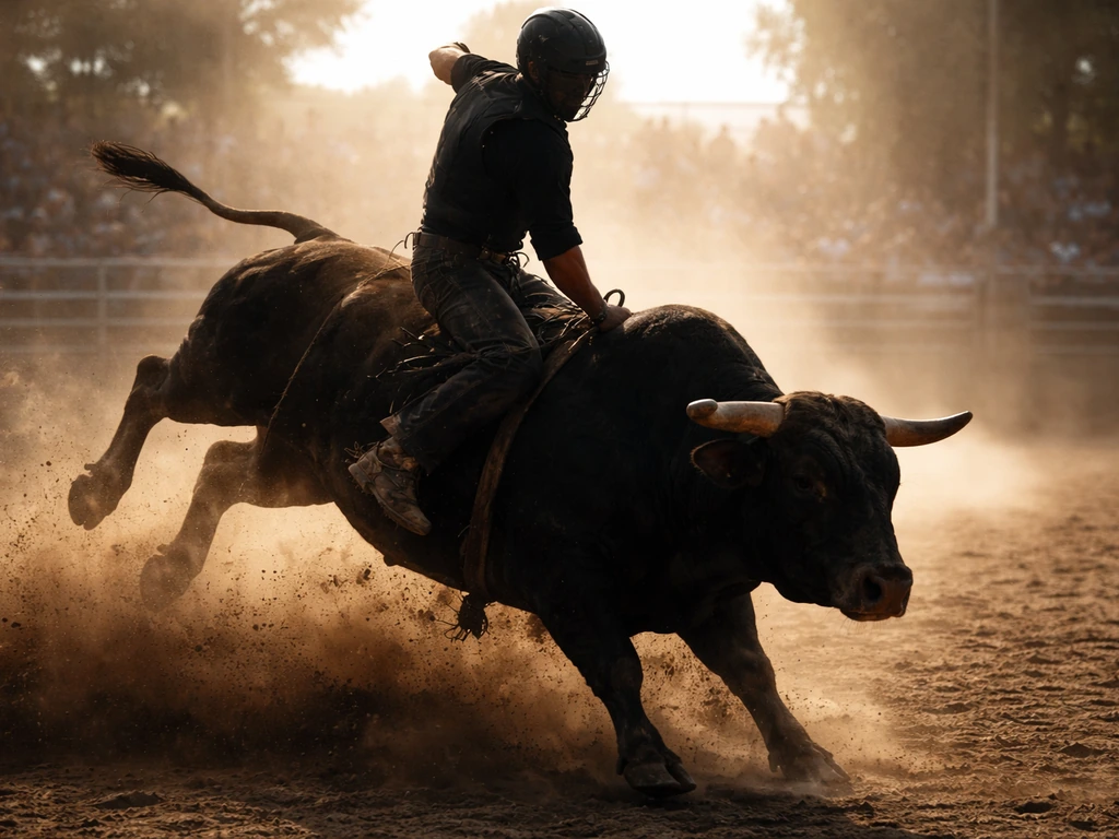 Anonymous bull rider mid-ride in a sunlit rodeo arena, motion and high-stakes professional vibe.
