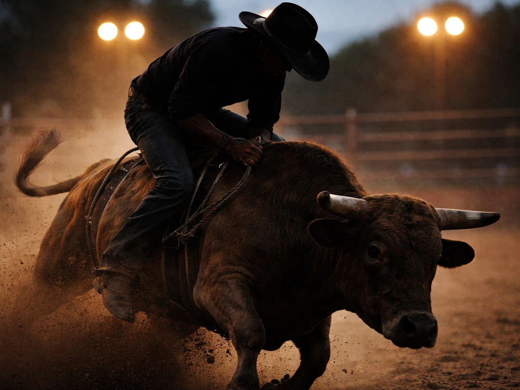 Anonymous bull rider leaning into a bucking bull in a rodeo arena with dust and arena lights blurred.