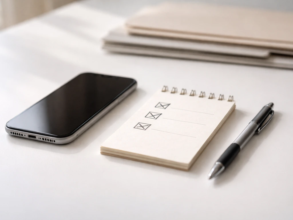 Close-up of a smartphone showing a link preview and a notepad with a checklist for verification