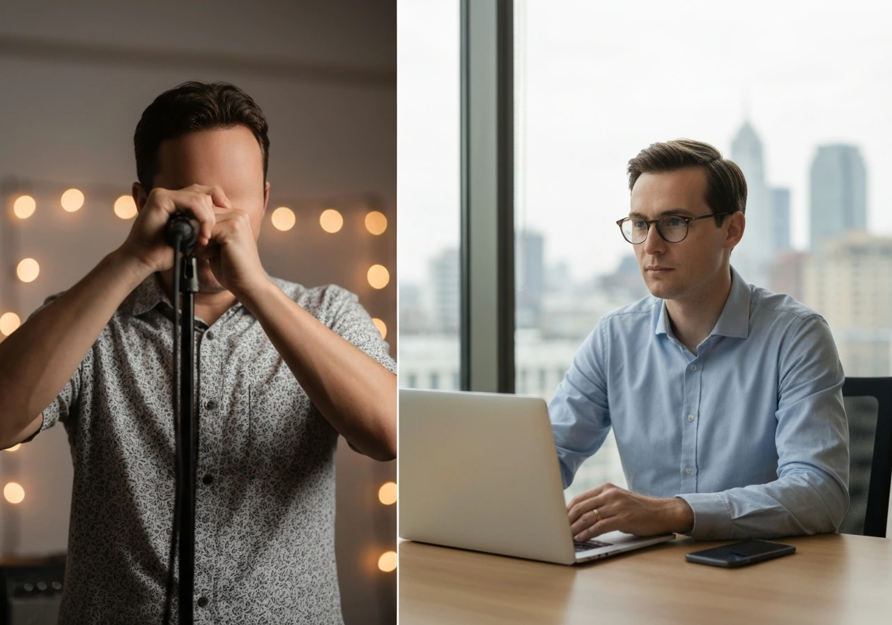 Split image showing two anonymous people—one musician with mic, one at a desk—to avoid name confusion.